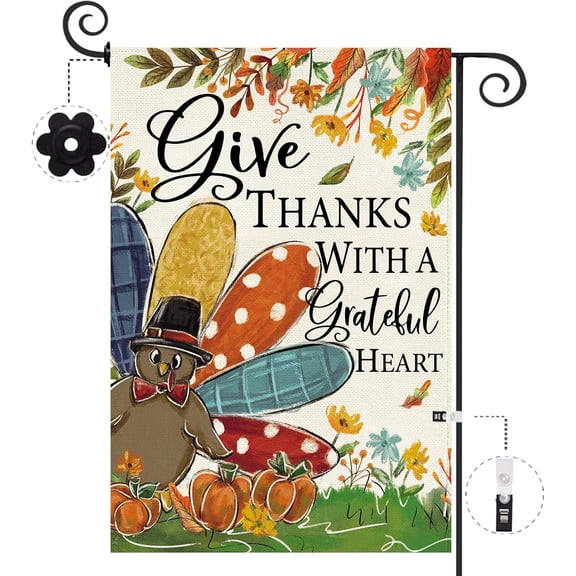 Thanksgiving Garden Flags, Give Thanks with a Grateful Heart Mini 12x18 Inch Double Sided Burlap Be Thankful Turkey Fall Yard Flag Decorative for Happy Harvest Autumn Garden Outdoor Decor