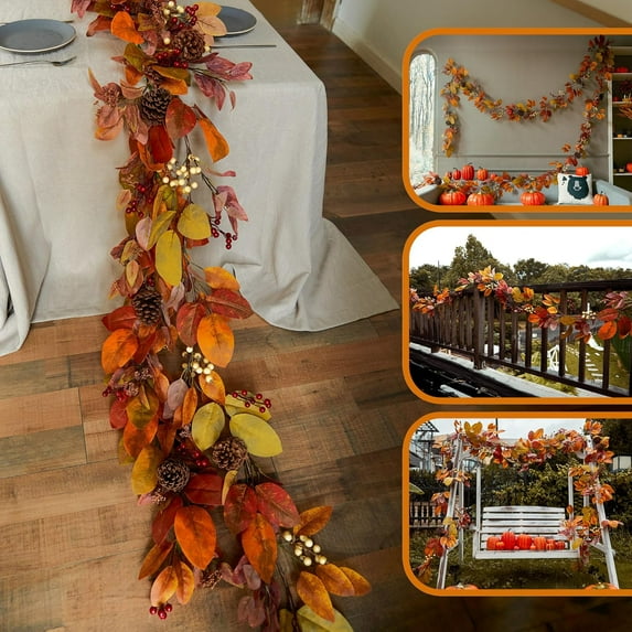 Thanksgiving Garland With Pumpkin and Pine Cone, Hanging Autumn Leaf Decor for Door, Wall, Staircase, Porch, Balcony, Fireplace - Fall Indoor Decor