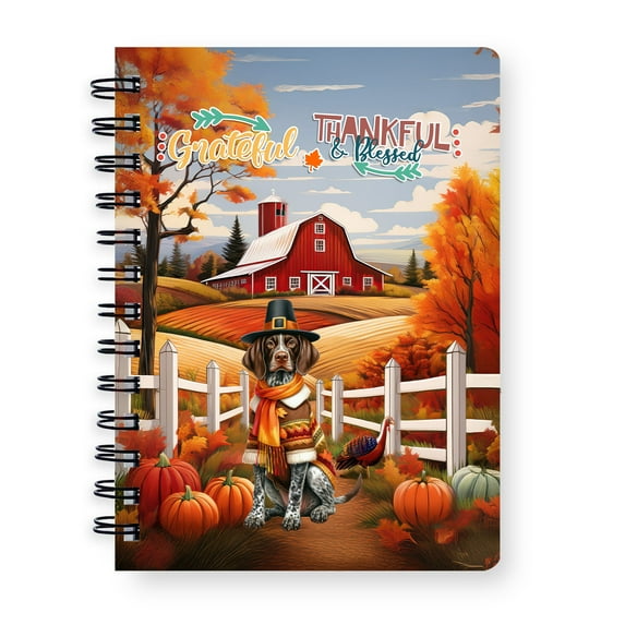 Thanksgiving German Shorthaired Pointer Pilgrim Grateful, Thankful, Blessed Fall Welcome Spiral Bound Journal GSP Lover Dog Gift 5x7in Spiral Notebook - 00021