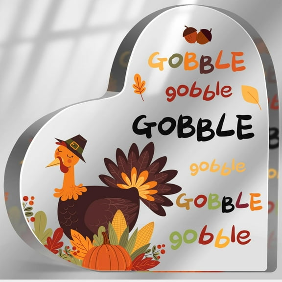 Thanksgiving Gifts for Women Men, Fall Decorations Sign for Home Office, Thanksgiving Turkey Ornaments for Table Shelf, Autumn Acrylic Heart Shaped Plaque