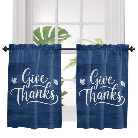 Thanksgiving Give Thanks Bathroom Window Curtain, Fall Maple Leaves Indigo Blue Light Filtering Coffee Kitchen Curtains, Bedroom Living Room Curtains 2 Panel 84"x45"