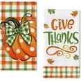 thumbnail image 1 of Thanksgiving Give Thanks Pumpkin Kitchen Dish Towels Set of 2, Fall Buffalo Plaid Check Bow Hand Towels Drying Baking Cooking Cloth, Autumn Maple Leaves Farmhouse Home Kitchen Decor 18x26 Inch, 1 of 6