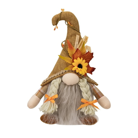 Thanksgiving Glowing Gnome Doll LED Lighted Decor 9.06x7.09in, Orange Polyester Tabletop Decoration with Maple Leaf Sunflower Theme