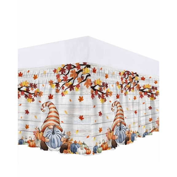 Thanksgiving Gnome Bed Skirt King Size 18 Inch Drop, Pumpkin Fall Maple Leaf Wood Grain Wrap Around Dust Ruffle Bedskirts, Wrinkle & Fade Resistant Easy Fit Bedskirt with Adjustable Elastic