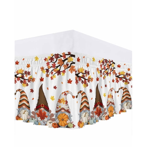 Thanksgiving Gnome Bed Skirt Queen Size 18 Inch Drop, Dwarf Fallen Maple Leaves Pumpkin Wrap Around Dust Ruffle Bedskirts, Wrinkle & Fade Resistant Easy Fit Bedskirt with Adjustable Elastic