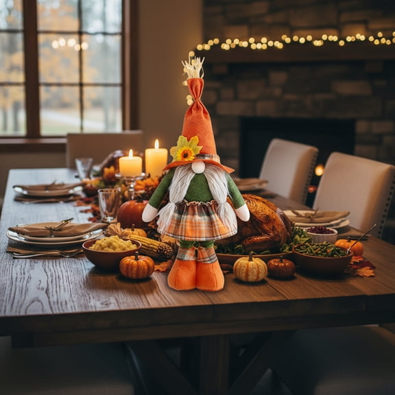 Thanksgiving Gnome Doll Ornament, Standing Fabric Rudolph-Themed Decoration – Festive Plaid Hat with Sunflower Accent for Table Mantel Display, Gratitude Holiday Gift for Family Friends