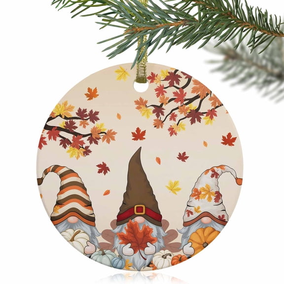 Thanksgiving Gnome Fall Orange Maple Leaf Christmas Ceramic Ornament 2025,3" Round Xmas Tree Hanging Accessories with Gold Ribbon
