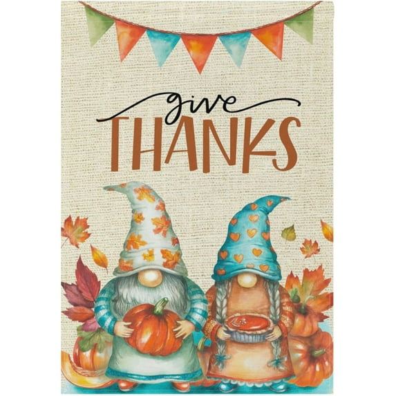 Thanksgiving Gnome Give Thanks Rustic Garden Flag 12x18 Double Sided Gnomes Pumpkin Pie Thankful Grateful Blessed House Yard Flags Fall Autumn Harvest Outdoor Banner Decorations