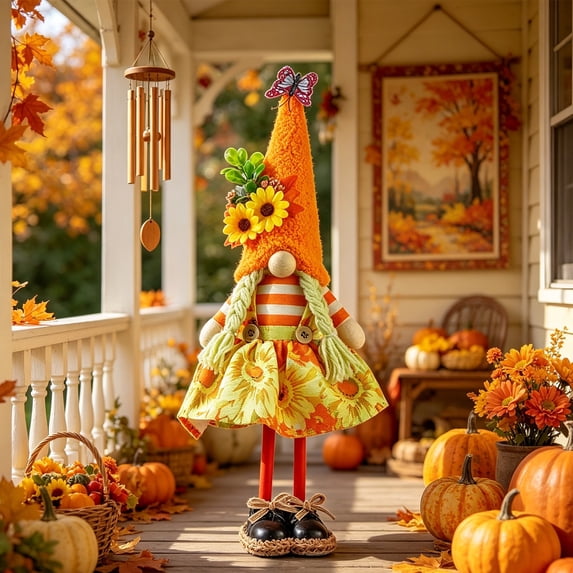 Thanksgiving Gnome Plush Decorations, Handmade Scandinavian Autumn Tomte, Adorable Nordic Tomte Faceless Doll with Maple, Sunflower & Dangle Legs for Autumn Halloween Decor