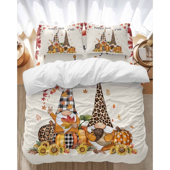 Thanksgiving Gnome Pumpkin Bedding Duvet Cover Set Queen Size 4 Pieces Fall Leaves Sunflower Farm Bedding Set with Zipper Closure, 1 Comforter Cover 90x92 Inches 1 Flat Sheet & 2 Pillow Cases
