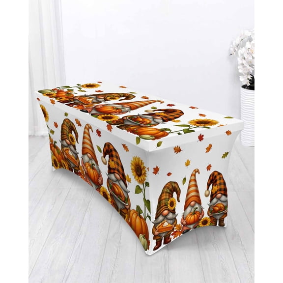 Thanksgiving Gnome Spandex Tablecloth 4ft Fall Country Pumpkin Sunflower Maple Leaf Elastic Fitted Cloth for Rectangle Table Washable Wrinkle Proof Stretch Table Cover for Autumn Party Banquet