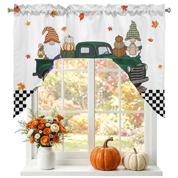 Thanksgiving Gnome Swag Valances for Windows 56 x 36 Inch, Green Truck Pumpkin Maple Leaf Black Checkered Rod Pocket Light Filtering Window Topper for Kitchen Bathroom Bedroom Living Room