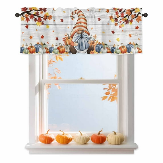 Thanksgiving Gnome Valances for Windows, 42 x 18in, Pumpkin Fall Maple Leaf Wood Grain Rod Pocket Kitchen Valance Curtain Light Filtering Window Treatments for Living Room Bedroom, 1 Panel