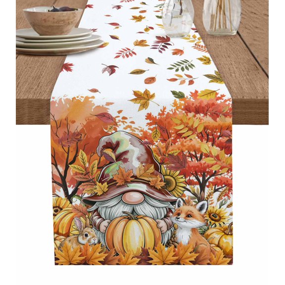 Thanksgiving Gnomes Burlap Cotton Table Runner 13x36 Inches Short, Fall Orange Pumpkin Maple Fox Rabbit Farmhouse Table Runners, Outdoor Dining Tablecloths Decor for Baby Shower/Party/Wedding