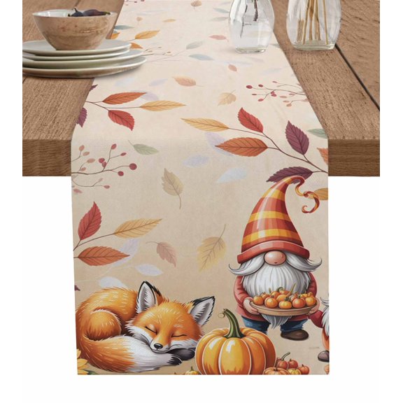 Thanksgiving Gnomes Burlap Cotton Table Runner 13x70 Inches Long, Yellow Fall Eucalyptus Fox Pumpkins Farmhouse Table Runners, Outdoor Dining Tablecloths Decor for Baby Shower/Party/Wedding