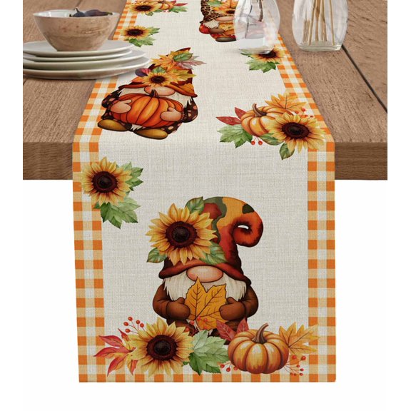 Thanksgiving Gnomes Burlap Cotton Table Runner 14x72 Inches Long, Fall Sunflower Pumpkin Retro Plaid Farmhouse Table Runners, Outdoor Dining Tablecloths Decor for Baby Shower/Party/Wedding
