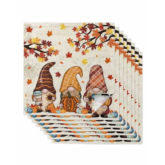 Thanksgiving Gnomes Cloth Napkins Set of 8 Reusable Dinner Napkins, Fall Pumpkins Maple Leaf Vintage Cocktail Napkin Washable Table Napkins for Wedding/Holiday Party/Baby Shower 20"x20"