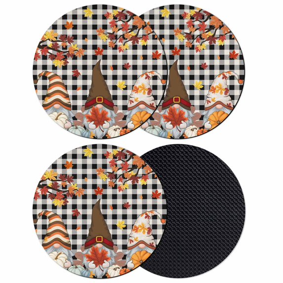 Thanksgiving Gnomes Coasters Set of 4, Absorbent Coasters for Drinks, Fallen Maple Leaf Pumpkin Black Plaid Coaster for Desk Coffee Table Protection, Home Decor House Warming Gifts 4"