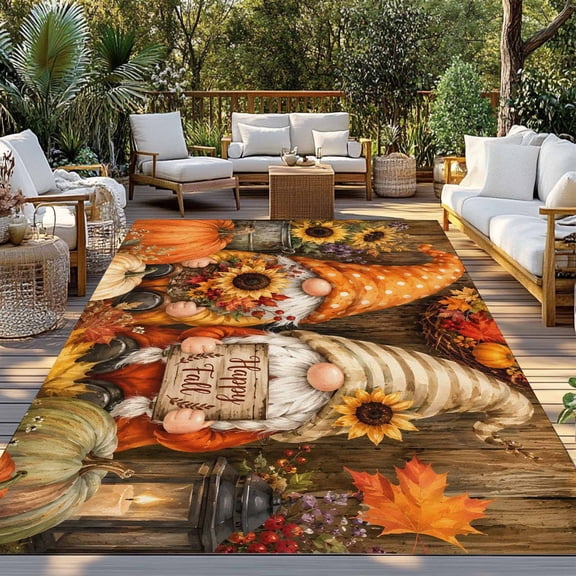 Thanksgiving Gnomes Indoor Outdoor Rugs 3x5 Ft, Harvest Fall Orange Pumpkin Sunflower Farmhouse Outdoor Patio Rug Mat Washable Outside Area Rugs Carpet for Porch Deck RV Pool Balcony Backyard