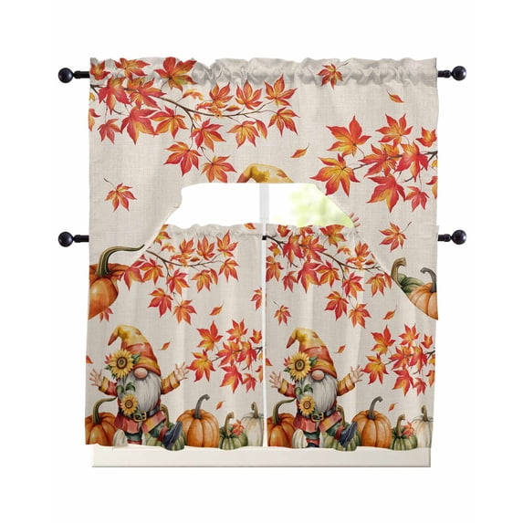 Thanksgiving Gnomes Kitchen Curtains Sets 36 Inch Length with Valance, Fall Orange Maple Pumpkins Country Swag Valances and Tiers Curtain Set Drapes Swag Curtains for Living Room, Bathroom, Bedroom