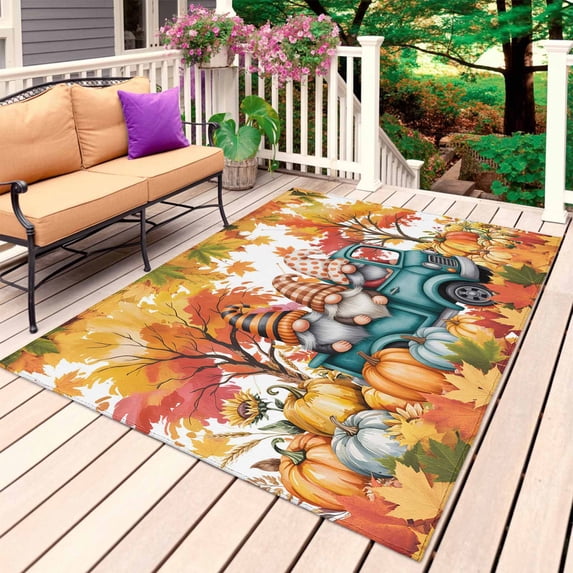 Thanksgiving Gnomes Outdoor Rug for Patio/Deck/Porch, Non-Slip Large Area Rug 3 x 5 Ft, Fallen Orange Leaves Pumpkin Truck Indoor Outdoor Rugs Washable Area Rugs, Reversible Camping Rug Carpet Runner