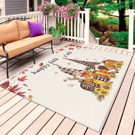 Thanksgiving Gnomes Outdoor Rug for Patio/Deck/Porch, Non-Slip Large Area Rug 4 x 6 Ft, Fall Pumpkin Sunflower Maple Leaf Indoor Outdoor Rugs Washable Area Rugs, Reversible Camping Rug Carpet Runner