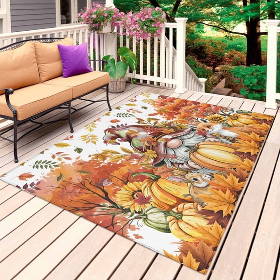 Thanksgiving Gnomes Outdoor Rug for Patio/Deck/Porch, Non-Slip Large Area Rug 6 x 9 Ft, Fall Orange Pumpkin Maple Fox Rabbit Indoor Outdoor Rugs Washable Area Rugs, Camping Rug Carpet Runner