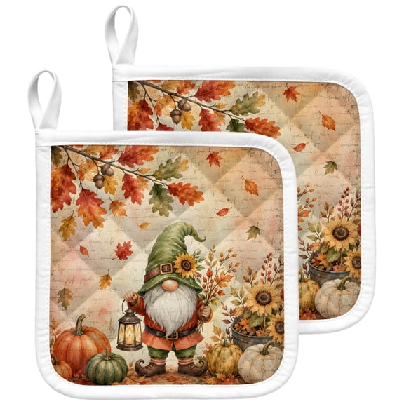 Thanksgiving Gnomes Pot Holders for Kitchen Heatproof Potholder, 2 Pack Fall Orange Pumpkin Maple Leaves Hot Pads Multipurpose Oven Pads Terry Cloth Potholders Trivet for Cooking and Baking