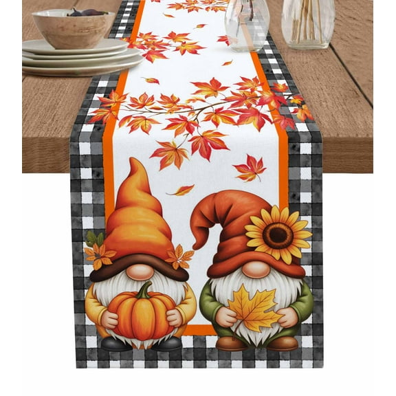 Thanksgiving Gnomes Pumpkins Burlap Cotton Table Runner 13x60 Inches Long, Fall Sunflowers Maple Retro Plaid Farmhouse Table Runners, Outdoor Dining Tablecloths Decor for Baby Shower/Party/Wedding