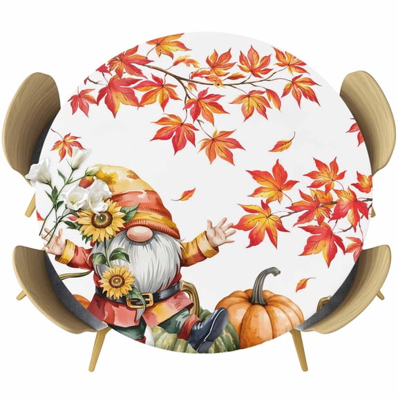 Thanksgiving Gnomes Round Tablecloth 45-54 Inch Round Fitted Table Cloth with Elastic Edge, Fall Orange Maple Pumpkin Pastoral Waterproof Table Cover Protector for Outdoor Picnic Party Dining