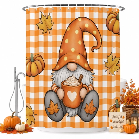 Thanksgiving Gnomes Shower Curtain, Waterproof Shower Curtains for Bathroom, Fall Pumpkins Maple Orange Plaid Washable Fabric Bathtub Curtain Set Bath Decor with 12 Hooks Long 72"x84"