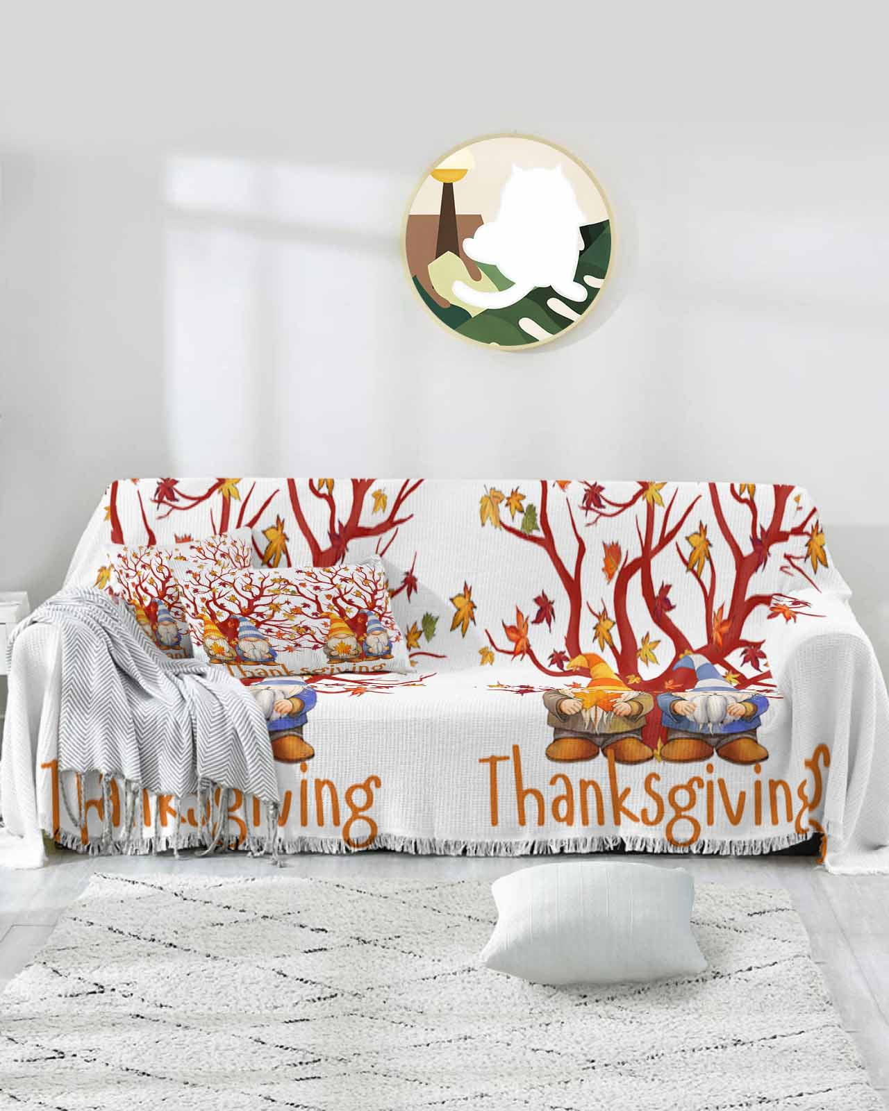 Thanksgiving Gnomes Sofa Covers for 3 Cushion,Washable Couch Cover for Sectional Sofa Slipcovers with Tassel,Orange Red Maple Leaves Watercolor Loveseat Covers Futon Cover Throw Blanket 71''x118''