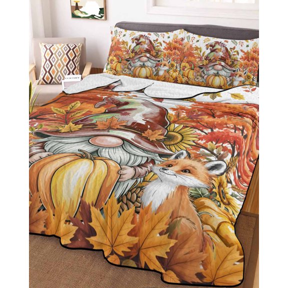 Thanksgiving Gnomes Twin Size Down Alternative Comforter, Lightweight Comforter Quilt Bedding Set with Pillow Shams Fall Orange Pumpkin Maple Fox Rabbit All Seasons Bed Comforter Duvet Insert 68"x86"