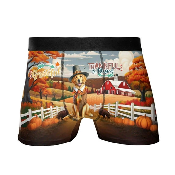 Thanksgiving Golden Retriever Pilgrim Grateful, Thankful, Blessed Fall Welcome All Over Print Boxer Briefs Underwear for Men Dad Goldens Dog Lover Gifts Idea - 00021