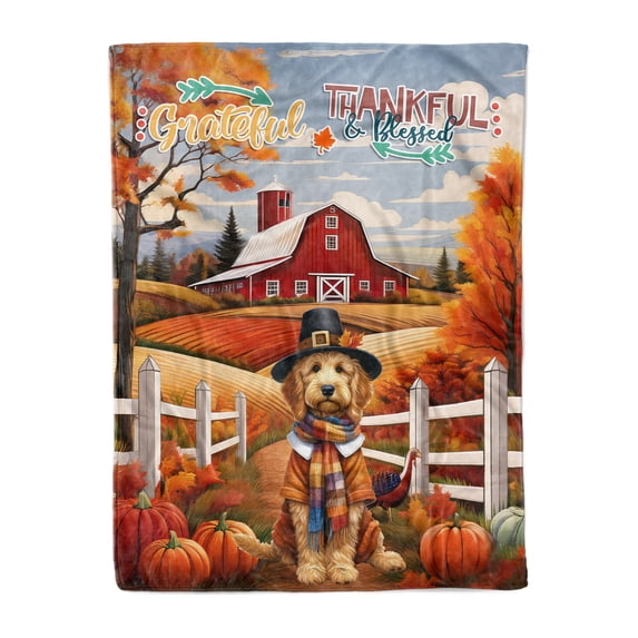 Thanksgiving Goldendoodle Pilgrim Grateful, Thankful, Blessed Fall Welcome Cozy Fleece Blanket Doodle Dog Lover Gifts Idea Warm Soft Throw Blanket - 00021