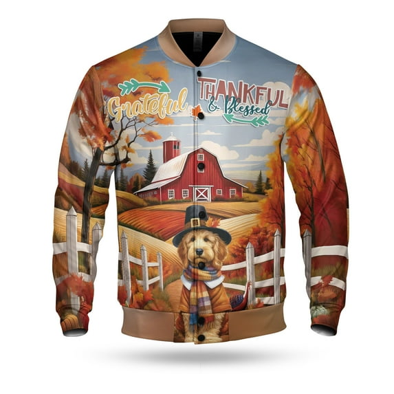 Thanksgiving Goldendoodle Pilgrim Grateful, Thankful, Blessed Fall Welcome All Over Print 3D Baseball Jacket Doodle Dog Lover Gifts Idea Bomber Jacket Softball - 00021