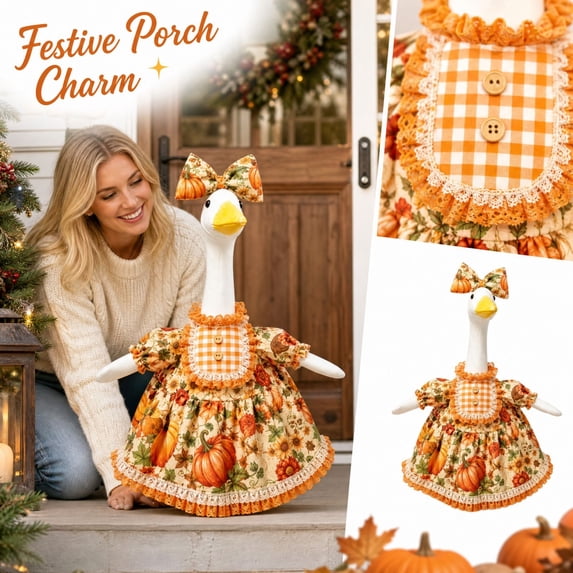 Thanksgiving Goose Outfits, Fall Season Rustic Dress with Headband Goose Clothes, Holiday Party Fall Goose Costume Set for Lawn Patio Yard Outdoor Decor 23"