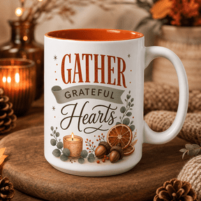Thanksgiving Gratitude Ceramic Coffee Mug with Burnt Orange Interior