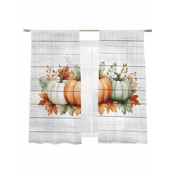 Thanksgiving Green Orange Pumpkin Sheer Curtains 72 inches Long, Leaves Vintage Wood Grain Light Filtering Sheer Window Curtains Rod Pocket Voile Drapes for Bedroom Living Room, 2 Panels 52"W x 72"L