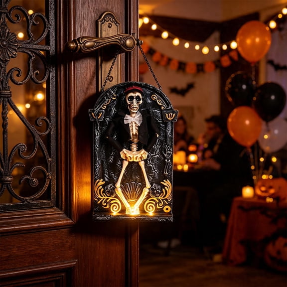 Thanksgiving Halloween Decoration for Home Indoor Outdoor Clearance Under $15.00! Halloween Animated Dancing Skeleton Tombstone Door Hanging Decor Light Up Moving Skull Ornament With Warm LED Lights