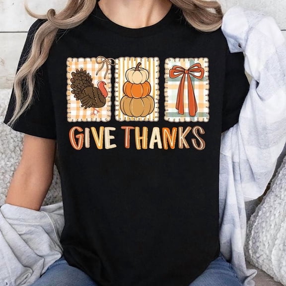 Thanksgiving Hand Drawn Doodle Whimsical Three Frames Bow Preppy Brush Unisex T-Shirt, Sizes S-5XL - Gategoo