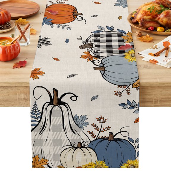 Thanksgiving Happy Table Runner 13x36 Inch Fall Y'all Blue Pumpkins Leaves Linen Cotton Linen Dining Table Runner Ideal for Dresser Kitchen Coffee Tables - Machine Washable