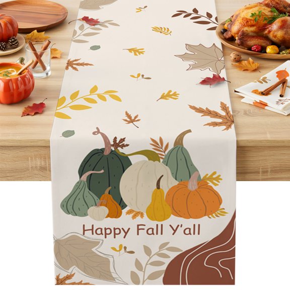 Thanksgiving Happy Table Runner 13x36 Inch Fall Y'all Boho Style Pumpkin Cotton Linen Dining Table Runner Ideal for Dresser Kitchen Coffee Tables - Machine Washable