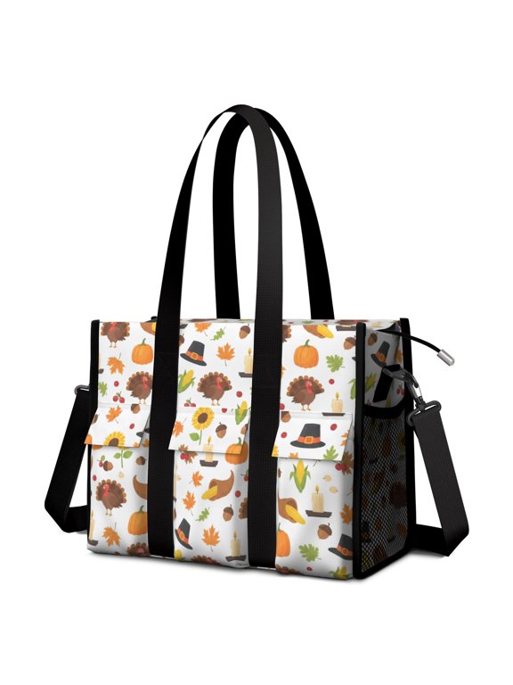 Thanksgiving Harvest Cartoon Element Utility Tote Bag, Work Tote with Multi Pockets & Removable Strap, Large Capacity Gifts for Birthday Christmas Thanksgiving