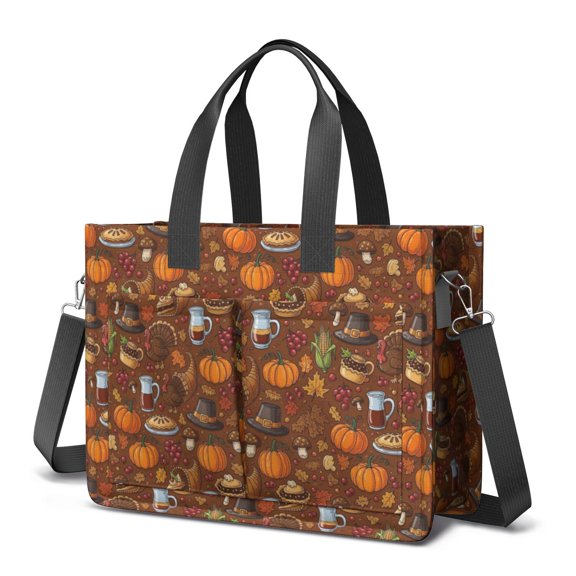 Thanksgiving Harvest Food Cartoon Canvas Messenger Tote Bag, Teacher Tote with Multi Pockets & Removable Strap, Durable Canvas Gifts for Work Travel Shopping