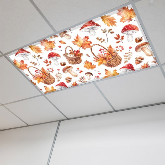 Thanksgiving Harvest Magnetic Fluorescent Light Covers for Ceiling Lights 2x4 Ft,Fall Mushroom Maple Leaves Autumn Office Kitchen Drop Ceiling Light Covers Lighting Filters Shade Panel 1 Pack