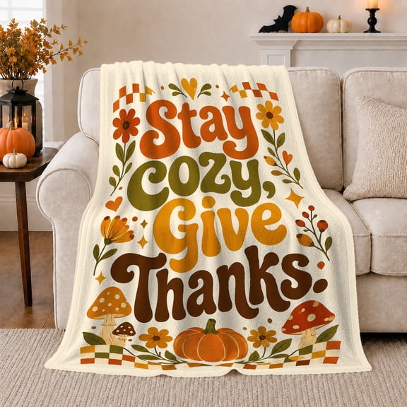 Thanksgiving Harvest Pumpkin Mushroom Retro Typography, Cozy Typography Art Scene, Warm Flannel Blanket for Living Room and Reading Nook, Art Lovers Thanksgiving Gift, Festive Home Decor