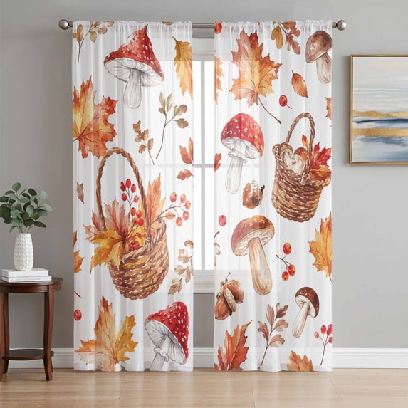 Thanksgiving Harvest Sheer Curtains 84 Inch Length 2 Panels Set, Fall Mushroom Maple Leaves Autumn Voile Window Treatment Rod Pocket Curtains Sheers Drapes for Bedroom/Living Room/Kitchen 52"x84"x2
