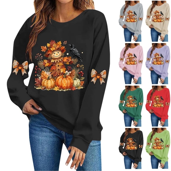 Thanksgiving Harvest Sweatshirt for Women, Fall Scarecrow & Pumpkin Print Crewneck Long Sleeve Relaxed Tops, S-XXL