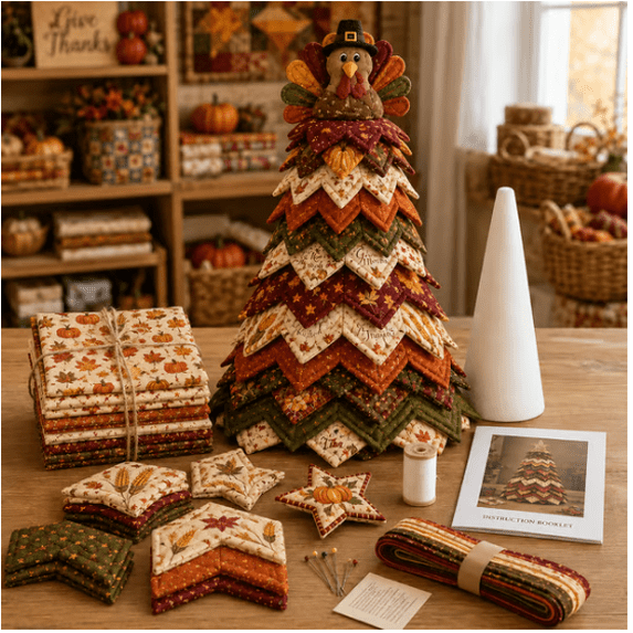 Thanksgiving Harvest Tree Tree Quilt Kit – Easy Layered Fabric Holiday Décor for Quilting Lovers, Traditional Christmas Fabric Art Kit for Adult Crafters